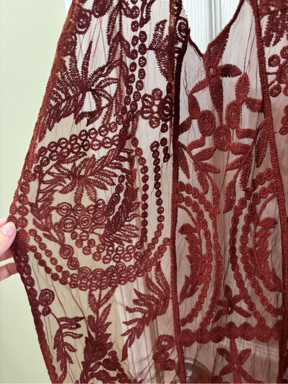 Rue 21 Burgundy Lace Duster Vest Sheer Open Front Boho Festival Size Large L - Picture 5 of 7